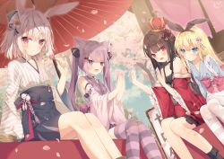Rule 34 | 4girls, :d, :t, animal ear fluff, animal ears, bell, black bow, black hair, black hakama, black legwear, black ribbon, blonde hair, blue eyes, blue kimono, blue sky, blush, bow, card, cat ears, cat girl, cat tail, closed mouth, cloud, commentary request, crown, dango, day, dutch angle, eating, flower, food, frilled sleeves, frills, grey hair, grey kimono, hair between eyes, hair bow, hair flower, hair ornament, hair ribbon, hakama, hakama short skirt, hakama skirt, hanami, holding, holding card, holding food, hoshi (snacherubi), japanese clothes, jingle bell, kimono, long hair, long sleeves, looking at viewer, mini crown, multiple girls, oil-paper umbrella, open mouth, original, outdoors, pantyhose, petals, pink flower, playing card, purple eyes, purple hair, rabbit ears, red eyes, red kimono, red umbrella, ribbon, sanshoku dango, sitting, skirt, sky, smile, socks, striped bow, striped clothes, striped legwear, striped thighhighs, tail, thighhighs, tilted headwear, tree, twintails, umbrella, vertical stripes, very long hair, wagashi, wide sleeves