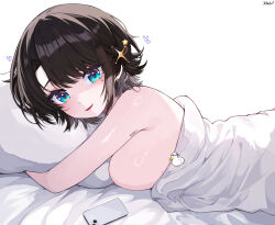 Rule 34 | 1girl, aqua eyes, bed sheet, black hair, breasts, cellphone, commentary, covering privates, earrings, from side, hair ornament, hairclip, heart, highres, hololive, hugging object, jewelry, kkato, large breasts, looking at viewer, lying, naked sheet, nude cover, on bed, on stomach, oozora subaru, open mouth, phone, pillow, pillow hug, short hair, sideboob, signature, simple background, smartphone, solo, star (symbol), star hair ornament, subaru duck, swept bangs, symbol-only commentary, under covers, virtual youtuber, white background