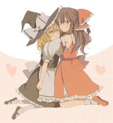 2girls apron ascot bad_id bad_pixiv_id blonde_hair blush bow brown_eyes brown_hair checkered_background detached_sleeves dress female_focus hair_bow hair_ornament hakurei_reimu hat heart hug japanese_clothes kirisame_marisa kutsushita kutsushita_(tokati_r) long_hair miko multiple_girls socks touhou witch witch_hat yellow_eyes yuri