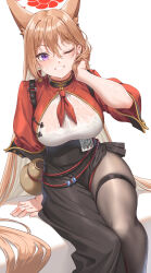 Rule 34 | 1girl, animal ears, ascot, black skirt, blue archive, blush, breasts, brown hair, chest harness, chinese clothes, crossed bangs, dress, embroidered bra, fangxiang cuoluan, fox ears, hair between eyes, halo, harness, highres, holster, large breasts, long hair, looking at viewer, neckerchief, one eye closed, pantyhose, purple eyes, red ascot, red halo, red shirt, rope belt, rumi (blue archive), shirt, short sleeves, shoulder holster, skirt, smile, solo, sweat, turtleneck, turtleneck dress, very long hair