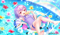 Rule 34 | 1girl, angelic link, bare legs, barefoot, blue sky, breasts, character request, chitosezaka suzu, cleavage, cloud, copyright notice, day, detached sleeves, flower, flower on liquid, food, frilled one-piece swimsuit, frills, hair between eyes, hair ornament, holding, holding food, ice cream, innertube, juliet sleeves, long sleeves, looking at viewer, lying, official art, on back, one-piece swimsuit, open mouth, outdoors, puffy sleeves, purple flower, purple hair, purple one-piece swimsuit, rainbow, red eyes, red flower, sky, small breasts, soles, solo, star (symbol), star hair ornament, swim ring, swimsuit, thigh strap, water, white sleeves, wide sleeves, yellow flower