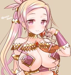 Rule 34 | 1girl, armlet, bad id, bad pixiv id, bare shoulders, blush, breast hold, breasts, brown background, choker, cleavage, closed mouth, collarbone, diamond (shape), earrings, extra arms, hand in own hair, jewelry, kali (p&amp;d), large breasts, long hair, looking at viewer, mashiro miru, mole, mole under mouth, pink hair, ponytail, purple eyes, puzzle &amp; dragons, revealing clothes, sidelocks, simple background, smile, solo, twitter username, very long hair