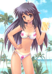 Rule 34 | 1girl, :d, alcohol, arrow (symbol), beach, beer, bikini, bikini tan, black hair, blush, breasts, cleavage, clothes writing, cloud, cup, day, hand on own hip, hip focus, long hair, looking at viewer, medium breasts, mug, navel, ocean, open mouth, original, outdoors, palm tree, photo background, pink eyes, sexually suggestive, side-tie bikini bottom, sky, smile, solo, standing, swimsuit, tan, tanline, tree, water, white bikini