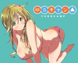 Rule 34 | 1girl, all fours, ass, bare shoulders, barefoot, bikini, blush, breasts, brown hair, butt crack, cleavage, collarbone, covered erect nipples, eyes visible through hair, fang, green background, green eyes, hair bobbles, hair ornament, huge breasts, inuyama aoi, long hair, looking at viewer, micro bikini, pink bikini, ribs, ricochet-gou, side-tie bikini bottom, side ponytail, simple background, skin fang, skindentation, smile, solo, sweat, swimsuit, thick eyebrows, yurucamp