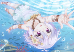 Rule 34 | 1girl, :d, air bubble, arm up, bare shoulders, bubble, casual one-piece swimsuit, collarbone, commentary request, coral, day, flower, hair between eyes, hair flower, hair ornament, kokkoro (princess connect!), kokkoro (summer) (princess connect!), looking at viewer, miri (ago550421), one-piece swimsuit, open mouth, outdoors, outstretched arm, pointy ears, princess connect!, purple eyes, silver hair, smile, solo, sunlight, swimming, swimsuit, swimsuit skirt, underwater, white flower, white one-piece swimsuit