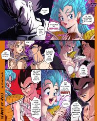 Rule 34 | 1boy, 1girl, armor, artist name, black eyes, black hair, blue eyes, blue hair, breasts, bulma, cleavage, comic, cosplay, covered erect nipples, dragon ball, dragonball z, earrings, emphasis lines, english text, evil grin, evil smile, gloves, grin, half-closed eyes, hetero, highres, jewelry, large breasts, lipstick, makeup, own hands together, red lips, shaded face, shoulder armor, smile, tail, vegeta, vegeta (cosplay), whirlydoodle, white gloves