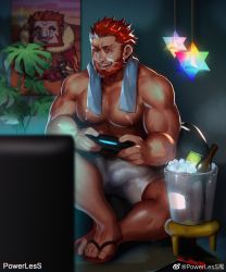 Rule 34 | 1boy, abs, absurdres, bara, beard, biceps, boxers, bulge, commentary request, erection, erection under clothes, facial hair, fate/grand order, fate (series), highres, iskandar (fate), large pectorals, male focus, male underwear, mature male, muscular, muscular male, nipples, pectorals, playing games, powerlesssong, red eyes, red hair, saint quartz (fate), short hair, smile, solo, teeth, underwear