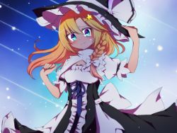 Rule 34 | 1girl, adjusting clothes, adjusting headwear, arm garter, bad id, bad twitter id, black dress, blonde hair, blue eyes, blue ribbon, blush, bow, braid, breasts, closed mouth, curiosities of lotus asia, dress, frilled dress, frills, hair bow, hat, hat ribbon, kirisame marisa, long hair, puffy short sleeves, puffy sleeves, ribbon, short sleeves, side braid, small breasts, smile, solo, tears, touhou, uppercut, white bow, white ribbon, witch hat, you (noanoamoemoe)
