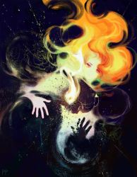 Rule 34 | 1girl, abstract, black background, expressionless, fiery hair, fire, highres, hyeonari, looking at viewer, original, red eyes, solo, upper body