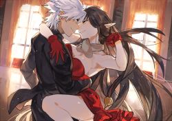 Rule 34 | 1boy, 1girl, alternate costume, amakusa shirou (fate), black hair, cocktail dress, dark-skinned male, dark skin, dress, earrings, fate/apocrypha, fate (series), formal, fur trim, gloves, hand around neck, hand on another&#039;s hip, hand on another&#039;s shoulder, jewelry, leg up, long hair, looking at another, pointy ears, red dress, red gloves, semiramis (fate), strapless, strapless dress, suit, very long hair, white hair, window, yellow eyes, yinghuo
