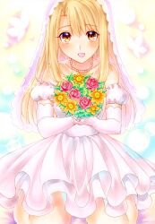 Rule 34 | 1girl, bare shoulders, blush, bouquet, bridal veil, bride, brown eyes, dress, elbow gloves, fate/stay night, fate (series), flower, gloves, grey hair, hachi78b, highres, holding, holding bouquet, illyasviel von einzbern, jewelry, long hair, looking at viewer, marker (medium), necklace, open mouth, pearl necklace, seiza, sitting, smile, solo, traditional media, veil, wedding dress, white dress, white gloves