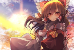 Rule 34 | 1girl, ascot, blush, bow, brown hair, cloud, commentary request, detached sleeves, frilled bow, frills, hair bow, hair tubes, hakurei reimu, highres, long hair, long sleeves, looking at viewer, red bow, red shirt, shirt, smile, tangusuten, touhou, upper body, wide sleeves, window, yellow ascot
