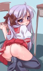 Rule 34 | 00s, 1girl, aftersex, ass, blush, clothes lift, cum, female focus, hiiragi kagami, kneeling, lucky star, no panties, nude, pussy juice, school uniform, skirt, skirt lift, solo, thighhighs, twintails