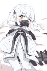 1girl absurdres black_mask blue_archive blush coat colored_skin commentary ein_(blue_archive) extra_pupils highres long_sleeves looking_at_viewer lying mask mechanical_hands mechanical_tail medium_hair natsukari_na off_shoulder on_back respirator solo symbol-shaped_pupils tail twintails white_coat white_hair white_skin x-shaped_pupils yellow_eyes