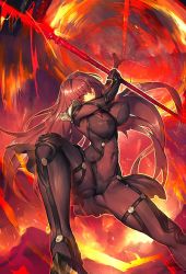 Rule 34 | 1girl, armor, armored boots, ass, bodysuit, boots, breasts, covered navel, dual wielding, covered erect nipples, fate/grand order, fate (series), gae bolg (fate), high heels, highres, holding, holding weapon, huge breasts, long hair, looking at viewer, melon22, polearm, purple bodysuit, purple hair, red eyes, scathach (fate), scathach (fate), solo, spear, weapon