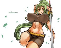 Rule 34 | 1girl, :o, bike shorts, blush, breasts, curvy, covered erect nipples, green hair, groin, high ponytail, holding, holding sword, holding weapon, large breasts, leg up, long hair, navel, open mouth, original, perky breasts, puffy nipples, sachito, sidelocks, solo, sumi-chan (sachito), sword, thick thighs, thighs, weapon, wide hips, yellow eyes