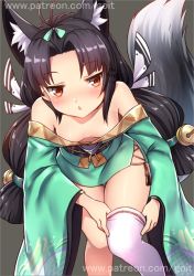 Rule 34 | 1girl, adjusting clothes, adjusting legwear, animal ears, antenna hair, azur lane, bare shoulders, bell, bent over, black hair, blush, breasts, cleavage, fox ears, fox tail, go-it, hair ribbon, hair tubes, japanese clothes, kimono, long hair, looking at viewer, low twintails, orange eyes, parted lips, ribbon, short kimono, signature, simple background, small breasts, solo, tail, thighhighs, twintails, watermark, web address, yuubari (azur lane)