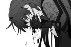 Rule 34 | 1boy, black gloves, blade (honkai: star rail), blood, coughing blood, earrings, gloves, greyscale, hand on own face, highres, honkai: star rail, honkai (series), jacket, jewelry, long hair, long sleeves, male focus, monochrome, parted bangs, ryousuke (tukr5384), simple background, solo, upper body, white background