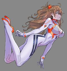 Rule 34 | 1girl, absurdres, aqua eyes, ass, bodysuit, breasts, brown hair, covered navel, curvy, evangelion: 3.0+1.0 thrice upon a time, eyepatch, floating, floating hair, full body, grey background, hairband, hairpods, highres, interface headset, large breasts, multicolored bodysuit, multicolored clothes, neon genesis evangelion, plugsuit, rebuild of evangelion, red-framed eyewear, shiny clothes, skin tight, solo, souryuu asuka langley, twintails, white bodysuit, yamashita shun&#039;ya