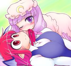 Rule 34 | 2girls, bat wings, breasts, crescent, embodiment of scarlet devil, female focus, gradient background, hat, head wings, koakuma, large breasts, long hair, mouth hold, multiple girls, one eye closed, patchouli knowledge, pointy ears, purple eyes, purple hair, red eyes, red hair, sotto, sweat, touhou, upper body, wings, wink