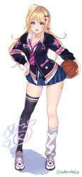 Rule 34 | 1girl, :d, ahoge, asymmetrical legwear, ball, basketball, basketball (object), black thighhighs, blonde hair, blue eyes, blush, breasts, character name, character signature, cleavage, collarbone, fingernails, full body, hachimiya meguru, hair ornament, hairclip, highres, holding, holding ball, idolmaster, idolmaster shiny colors, large breasts, long sleeves, looking at viewer, loose necktie, low twintails, miniskirt, mismatched legwear, muka tsuku, nail polish, necktie, open mouth, pink nails, plaid, plaid skirt, pleated skirt, school uniform, shoes, simple background, skirt, smile, sneakers, solo, standing, star (symbol), thighhighs, twintails, uneven legwear