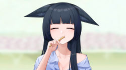 Rule 34 | 1girl, absurdres, animal ears, black hair, blue shirt, blunt bangs, blurry, blurry background, blush, breasts, brushing teeth, cleavage, closed eyes, closed mouth, collarbone, commentary request, ears down, eyelashes, fox ears, hand up, highres, holding, holding toothbrush, hoshimi miyabi, indoors, long hair, mangshe jiao, medium breasts, off shoulder, pajamas, shirt, sidelocks, single bare shoulder, sleepy, solo, toothbrush, upper body, zenless zone zero