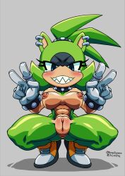 Rule 34 | 1girl, abs, absurdres, aku tojyo, anus, blue eyes, breasts, cleft of venus, gloves, green hair, highres, idw publishing, large breasts, muscular, muscular female, nipples, piercing, pussy, sharp teeth, solo focus, sonic (series), source request, squatting, surge the tenrec, tagme, teeth, uncensored, v