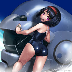Rule 34 | 1girl, against wall, ass, black hair, blue one-piece swimsuit, cloud, come hither, competition school swimsuit, day, from behind, hairband, highres, kneepits, legs, looking back, mecha, one-piece swimsuit, open mouth, original, outdoors, pink eyes, revision, robot, rohitsuka, school swimsuit, shiny clothes, short hair, sky, smile, solo, swimsuit, thighs, wet, wet clothes, wet hair, wet swimsuit