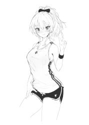 Rule 34 | 1girl, alternate costume, bad id, bad pixiv id, bare shoulders, blush, closed mouth, contrapposto, cropped legs, dolphin shorts, double vertical stripe, greyscale, gym shorts, hair ribbon, highres, idolmaster, idolmaster cinderella girls, jougasaki mika, long hair, looking at viewer, monochrome, ponytail, ribbon, rorona s., short shorts, shorts, sidelocks, simple background, smile, solo, standing, sweatband, tank top, tsurime, v, white background
