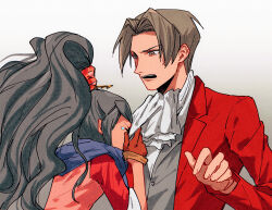 1boy 1girl ace_attorney ace_attorney_investigations ako_(eanaaati1) black_hair blowing_nose formal_clothes kay_faraday miles_edgeworth surprised tears