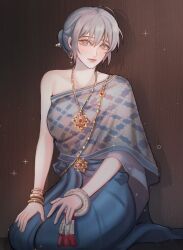 Rule 34 | 1girl, absurdres, blue skirt, bracelet, brown eyes, closed mouth, commentary, earrings, english commentary, grey hair, hair bun, highres, jewelry, looking at viewer, maybecrosswise, necklace, original, seiza, single bare shoulder, sitting, skirt, solo, sparkle
