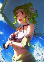 Rule 34 | 1girl, :d, aduti momoyama, bikini, breasts, cleavage, commentary, fire emblem, fire emblem: the sacred stones, fire emblem heroes, flower, green eyes, green hair, green sarong, hair flower, hair ornament, highres, l&#039;arachel (fire emblem), l&#039;arachel (summer) (fire emblem), large breasts, looking at viewer, nintendo, official alternate costume, open mouth, parasol, sarong, see-through sarong, smile, swimsuit, umbrella, white bikini
