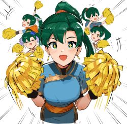 Rule 34 | 1girl, absurdres, blush, breasts, cheerleader, dress, fire emblem, fire emblem: the blazing blade, fire emblem heroes, gloves, green eyes, green hair, high ponytail, highres, jewelry, large breasts, long hair, looking at viewer, lyn (fire emblem), nintendo, ormille, pom pom (cheerleading), ponytail, simple background, smile, solo, very long hair