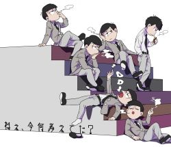 Rule 34 | 10s, 6+boys, arm rest, black hair, brothers, cigarette, crossed legs, formal, head rest, highres, izumi (milkywhite2), lying, male focus, matsuno choromatsu, matsuno ichimatsu, matsuno jyushimatsu, matsuno karamatsu, matsuno osomatsu, matsuno todomatsu, multiple boys, on back, osomatsu-kun, osomatsu-san, osomatsu (series), sextuplets, siblings, simple background, sitting, smoke, smoking, stairs, suit, white background