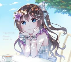 Rule 34 | 1girl, aqua bow, aqua dress, aqua eyes, artist name, artist request, bare shoulders, black bow, blue eyes, blue sky, blush, bow, bowtie, bracelet, branch, breasts, brown hair, chair, cloud, criss-cross halter, cross-laced clothes, cross-laced dress, cup, day, dress, elbow on table, female focus, flower, flower bracelet, flower dress, frilled dress, frills, hair between eyes, hair bow, hair flower, hair ornament, halterneck, hands on chin, hands on own chin, highres, jewelry, long hair, looking at viewer, love live!, love live! nijigasaki high school idol club, love live! school idol festival, love live! school idol festival all stars, on chair, osaka shizuku, outdoors, parted lips, pearl bracelet, pocket watch, ponytail, purple bow, purple flower, sitting, sky, small breasts, smile, solo, striped clothes, striped dress, table, teacup, tree, upper body, vertical-striped clothes, vertical-striped dress, watch, white wrist cuffs, wrist cuffs, x hair ornament