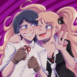 Rule 34 | 2girls, animal ears, artist name, bear hair ornament, black bra, black hair, blonde hair, blue eyes, blush, bow, bra, breasts, brown gloves, cheek-to-cheek, choker, cleavage, collarbone, collared shirt, danganronpa: trigger happy havoc, danganronpa (series), ears, enoshima junko, eyelashes, fake animal ears, female focus, finger in another&#039;s mouth, fingernails, freckles, gloves, grin, hair ornament, hands up, heads together, heart, heart-shaped pupils, highres, holographic ai (artist), ikusaba mukuro, incest, long hair, looking at another, looking to the side, medium breasts, multiple girls, nail polish, bowtie, neck ribbon, necktie, nose, one eye closed, open mouth, pink hair, red bow, red bra, red nails, red ribbon, ribbon, sharp fingernails, shirt, siblings, signature, simple background, sisters, sleeves rolled up, smile, symbol-shaped pupils, teeth, twincest, twins, twintails, underwear, upper body, v, white necktie, white shirt, wink, yuri