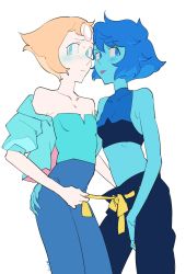 Rule 34 | 2girls, alternate costume, arm around waist, bare shoulders, blue eyes, blue hair, blue jacket, blue pants, blue skin, blush, breast press, breasts, collarbone, colored skin, cropped jacket, cropped legs, forehead jewel, frown, gem, highres, jacket, lapis lazuli (steven universe), looking at viewer, midriff, multiple girls, nano8, pale skin, pants, pearl (steven universe), short hair, simple background, sleeveless, small breasts, standing, steven universe, symmetrical docking, tongue, tongue out, white background, yuri