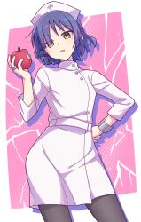 Rule 34 | 1girl, apple, black pantyhose, blue hair, bocchi the rock!, brown eyes, dress, e20, eating, food, fruit, hair ornament, hair over one eye, hairclip, hand on own hip, hand up, hat, highres, holding, holding food, holding fruit, jewelry, long sleeves, mole, mole under eye, nurse, nurse cap, outside border, pantyhose, parted lips, pink background, red apple, ring, solo, two-tone background, white background, white dress, yamada ryo