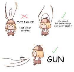 Rule 34 | &gt; &lt;, 1girl, ?, absurdres, blonde hair, bob cut, brown footwear, brown headwear, brown skirt, checkmark, deerstalker, detective, disembodied hand, go do a crime (meme), gun, hat, highres, hololive, hololive english, how to hold x (meme), lifting person, long sleeves, meme, mini person, minigirl, moon ldl, necktie, open mouth, plaid, plaid skirt, red necktie, shirt, short hair, skirt, smile, smol ame, virtual youtuber, watson amelia, weapon, white shirt, x