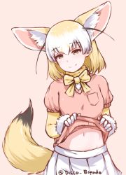 Rule 34 | 10s, 1girl, animal ears, black hair, blonde hair, blush, bow, bowtie, brown eyes, clothes lift, disco brando, fennec (kemono friends), fox ears, fox tail, fur trim, gloves, highres, kemono friends, looking at viewer, multicolored hair, navel, shirt lift, short-sleeved sweater, short hair, short sleeves, simple background, sketch, skirt, smile, solo, sweater, sweater lift, tail, white hair, white sleeves