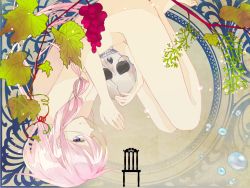Rule 34 | 1girl, art nouveau, bad id, bad pixiv id, blue eyes, bubble, censored, chair, convenient censoring, ecriture, food, fruit, grapes, ia (vocaloid), long hair, nude, pink hair, plant, skull, solo, upside-down, vines, vocaloid