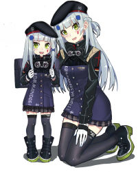 Rule 34 | 2girls, :d, aged down, ankle boots, backpack, bag, beret, black hat, black legwear, blunt bangs, blush, boots, braid, buttons, collar, cross, dual persona, echj, french braid, girls&#039; frontline, gloves, green eyes, hand on lap, hat, hk416 (girls&#039; frontline), iron cross, kneeling, long hair, looking at viewer, mother and daughter, multiple girls, open mouth, plaid, plaid skirt, pleated skirt, randoseru, shadow, simple background, skirt, smile, thighhighs, uniform, white background, white gloves, white hair