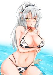 Rule 34 | 1girl, animal ears, animal print, arm under breasts, azur lane, bell, bikini, bow, breast hold, breasts, choker, cow ears, cow girl, cow horns, cow print, drake (the golden hind&#039;s respite) (azur lane), extra ears, female focus, horns, large breasts, long hair, multi-strapped bikini, neck bell, ponytail, red choker, see-through, silver hair, solo, swimsuit, tetsuhige, water, wet, yellow eyes