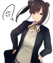 Rule 34 | 1girl, :i, anger vein, black jacket, blazer, brown hair, closed mouth, collared shirt, commentary request, doran (dorannomai), double bun, dress shirt, hair bun, hands on own hips, highres, idolmaster, idolmaster shiny colors, jacket, long hair, long sleeves, neck ribbon, open clothes, open jacket, pout, red eyes, ribbon, school uniform, shirt, side bun, solo, sonoda chiyoko, spoken anger vein, sweater vest, twintails, v-shaped eyebrows, white background, white shirt, yellow ribbon