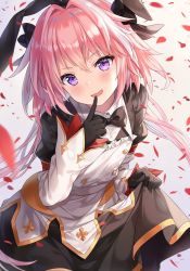 Rule 34 | 1boy, astolfo (fate), astolfo (saber) (fate), astolfo (saber) (third ascension) (fate), black bow, black bowtie, black dress, black gloves, black ribbon, blush, bow, bowtie, buttons, dress, fang, fate/grand order, fate (series), gloves, hair between eyes, hair bow, hair intakes, hair ribbon, highres, hitsukuya, index finger raised, juliet sleeves, layered skirt, long hair, long sleeves, looking at viewer, male focus, multicolored hair, open mouth, petals, pink hair, puffy sleeves, purple eyes, ribbon, skirt, smile, solo, streaked hair, trap, white hair, white skirt, wide sleeves, wing collar