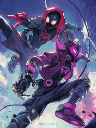 Rule 34 | 2boys, \m/, bodysuit, bodysuit under clothes, claw (weapon), day dream, dreadlocks, dual persona, highres, jacket, marvel, mask, miles g. morales, miles morales, multiple boys, prowler (marvel), purple jacket, shoes, shorts, silk, sneakers, spider-man: across the spider-verse, spider-man: into the spider-verse, spider-man (miles morales), spider-man (series), spider-verse, spider web, spoilers, twitter username, weapon