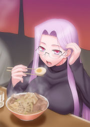 Rule 34 | 1girl, blush, bowl, breast rest, breasts, chopsticks, eating, egg, fate/stay night, fate (series), glasses, highres, large breasts, long hair, long sleeves, medusa (fate), medusa (rider) (fate), official alternate costume, open mouth, purple eyes, purple hair, siseru samurai, solo, square pupils, steam, sweater