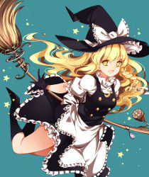 Rule 34 | 1girl, absurdres, apron, black dress, black footwear, blonde hair, boots, bow, braid, broom, buttons, double-breasted, dress, eyelashes, frilled dress, frilled sleeves, frills, full body, hat, hat bow, high heel boots, high heels, highres, jumping, kirisame marisa, long hair, looking at viewer, mini-hakkero, puffy sleeves, raptor7, short sleeves, simple background, single braid, smile, solo, star (symbol), touhou, waist apron, white bow, witch hat, yellow eyes