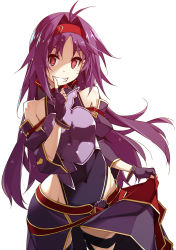Rule 34 | 1girl, antenna hair, armor, black gloves, breastplate, clothes lift, cowboy shot, detached sleeves, finger to mouth, fingerless gloves, gloves, hairband, highres, leotard, lifted by self, long hair, looking at viewer, parted bangs, pointy ears, purple armor, purple hair, red eyes, red hairband, shikei, simple background, skirt, skirt lift, smile, solo, sword art online, thighs, white background, yuuki (sao)
