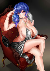 Rule 34 | 1girl, absurdres, azur lane, backless dress, backless outfit, bag, bare shoulders, blue hair, blue nails, bracelet, breasts, cleavage, collarbone, commentary request, crossed legs, dress, evening gown, feather boa, gradient background, grey dress, halter dress, halterneck, handbag, high heels, highres, indoors, jewelry, large breasts, nail polish, necklace, pink eyes, plunging neckline, red lips, revealing clothes, sayaki, side ponytail, sideboob, sidelocks, silver dress, silver footwear, sitting, st. louis (azur lane), st. louis (luxurious wheels) (azur lane), thighs